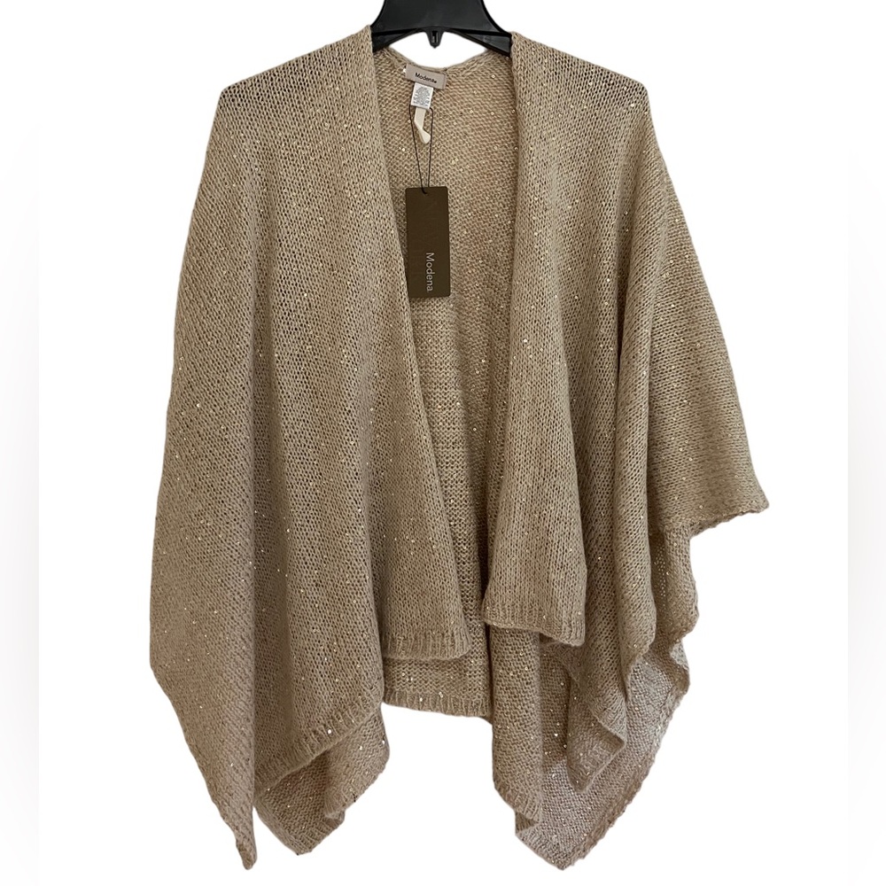 Modena Solid Knit Sequin Poncho In Beige One Size New With Tags